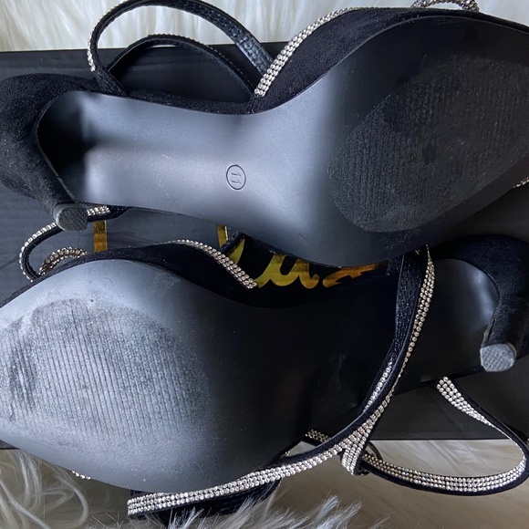 Lulus Lullie Black Suede Rhinestone Ankle Strap Pointed-Toe Pumps Heels Size 11 - Picture 7 of 8